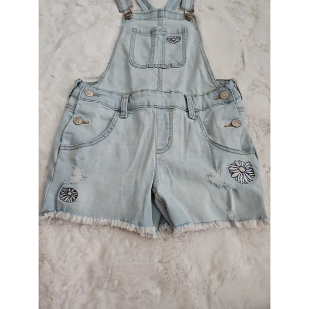 Justice Girls Size 12 Daisy Embroidered Denim Shortalls Light Wash Distressed